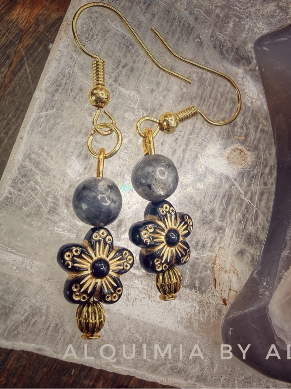 Simple GOLDEN OBSIDIAN + Gold and Gray Floral Bead Drop Earrings